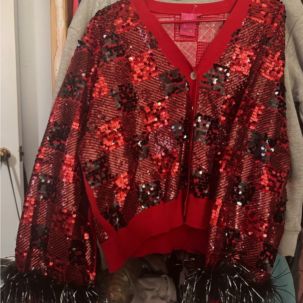 QUEEN OF SPARKLES Red Black Sequin Feather Cardigan